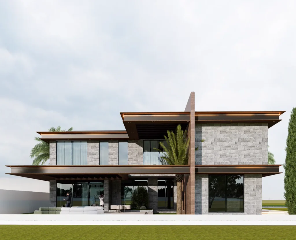 Luxury modern villa exterior with grey stone cladding, copper rooflines and full-height glass opening to a green lawn.