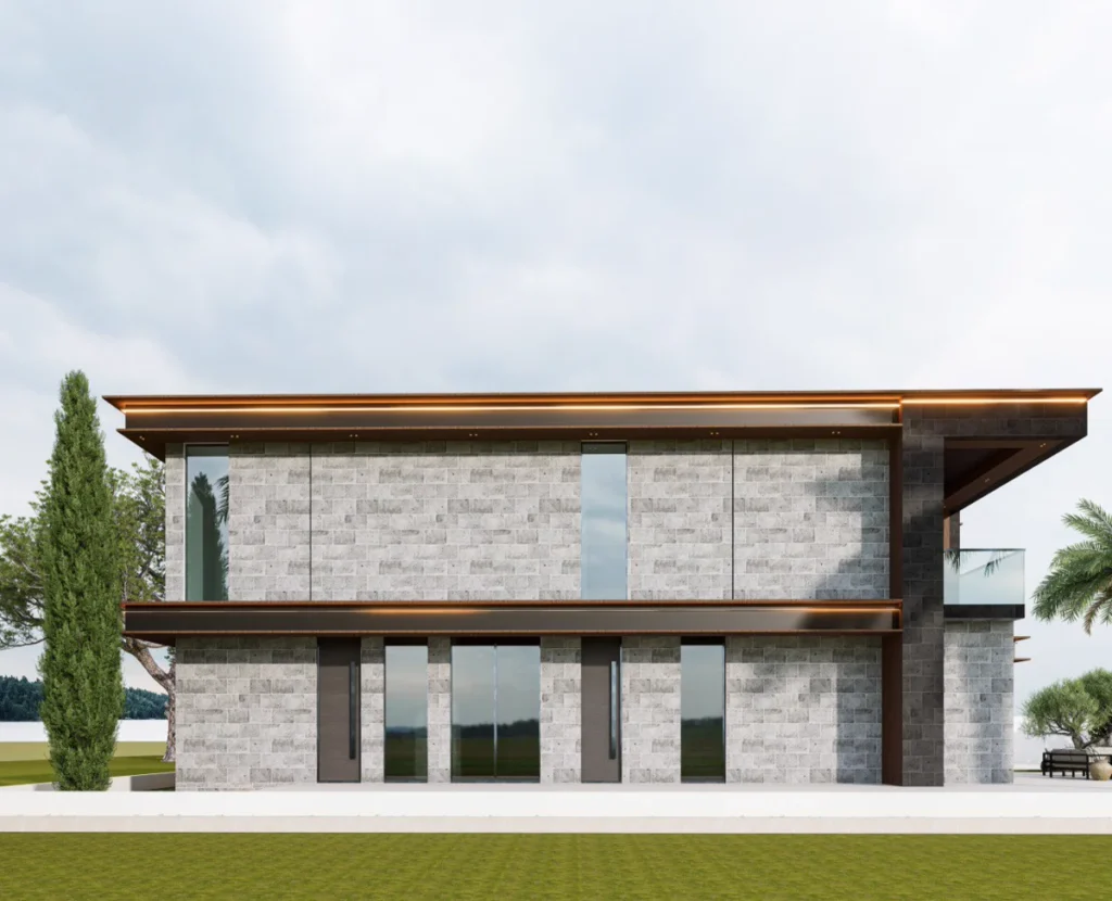 Side elevation of contemporary stone villa with long horizontal copper canopy and narrow vertical windows.