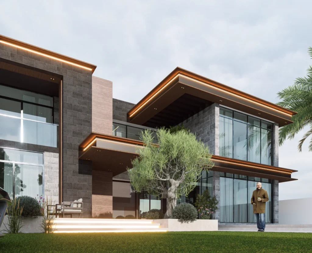 Entrance zone of contemporary villa featuring double cantilevered roofs, grey stone walls and mature sculptural tree in landscaped garden.
