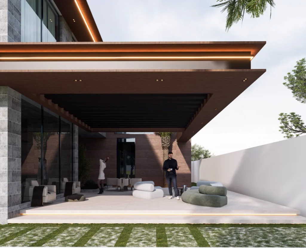 Covered outdoor lounge terrace of luxury villa with timber pergola roof, minimalist furniture and garden backdrop.