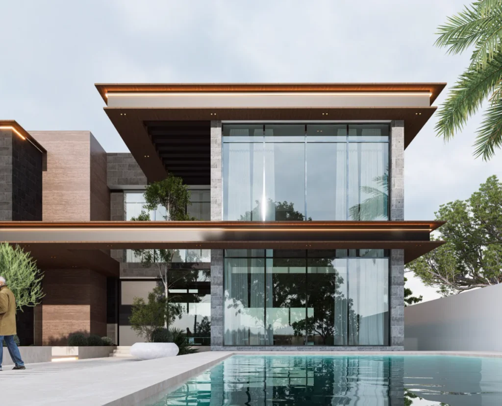 Poolside façade of modern luxury villa with floor-to-ceiling glazing, overhanging roofs and reflecting swimming pool.