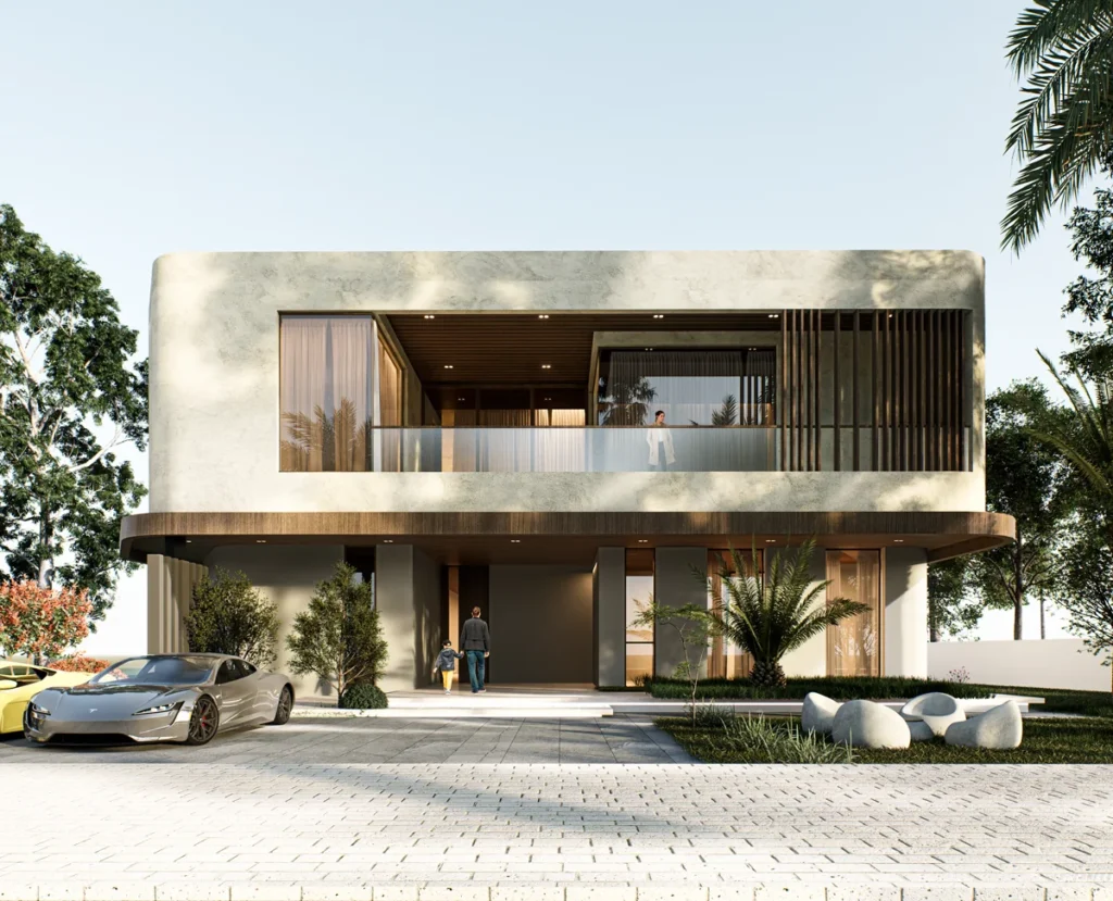 Wider street view of modern two-storey villa with rounded upper volume, timber accents and central main entrance