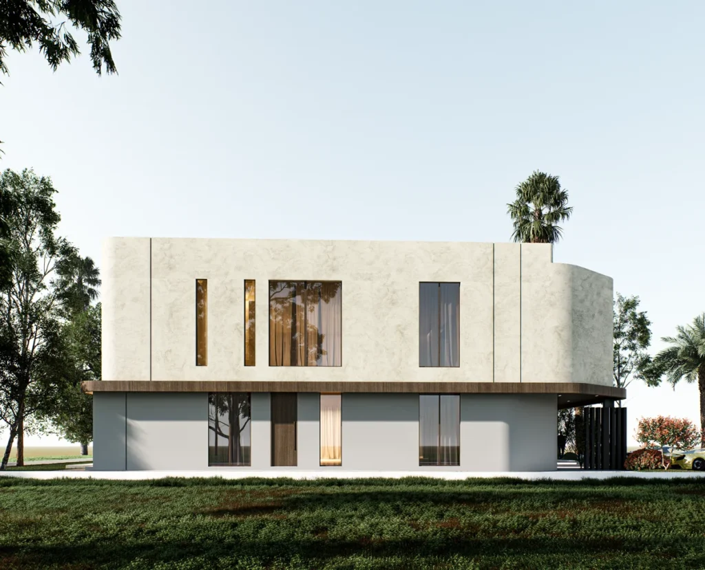 Side elevation showing clean curved façade, vertical slit windows and textured plaster finish of contemporary villa