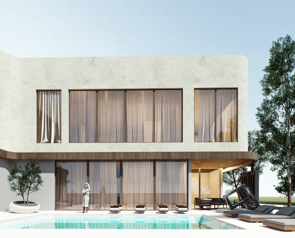 Poolside façade of modern family villa with full-height glazing, sun loungers and warm timber soffit