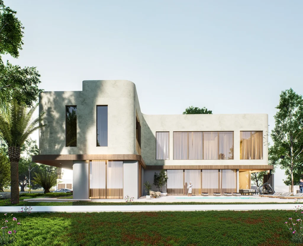 Garden-side view of curved modern villa with large windows, pool terrace and surrounding greenery