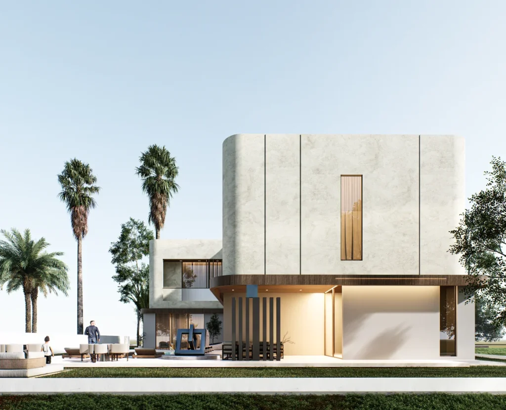 Side garden terrace with outdoor seating, palm trees and sculpted curved wall of the villa