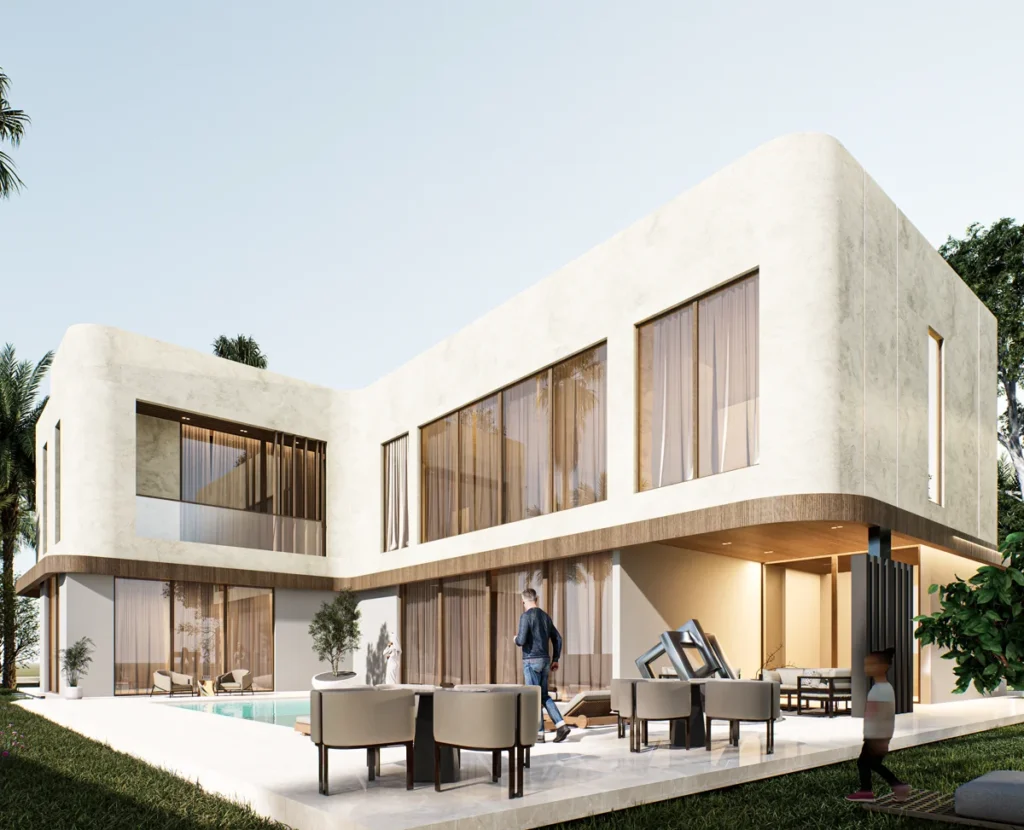Oblique view of L-shaped villa wrapping around swimming pool with outdoor lounge and dining areas