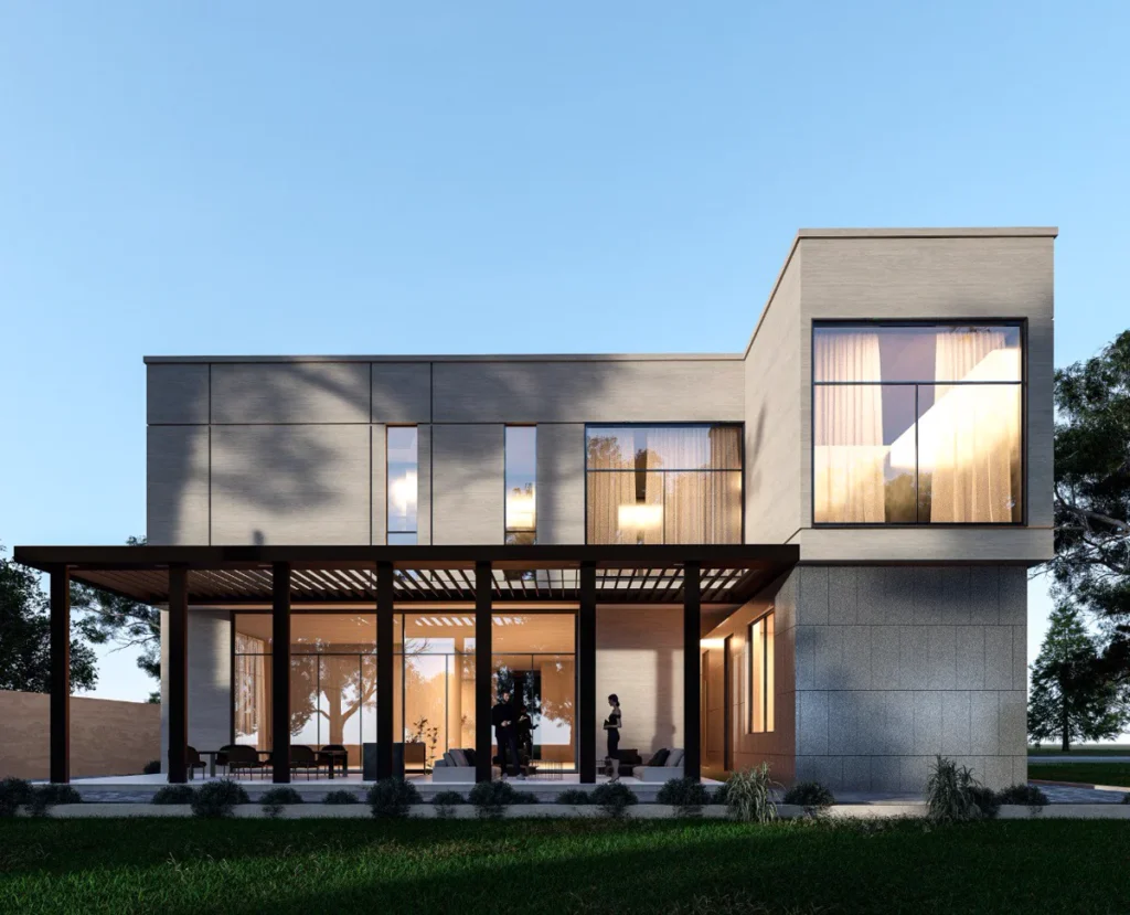 Modern luxury villa front corner view at dusk with cantilevered black pergola, warm stone facade, tall evergreen trees, and a parked sports car in the driveway.