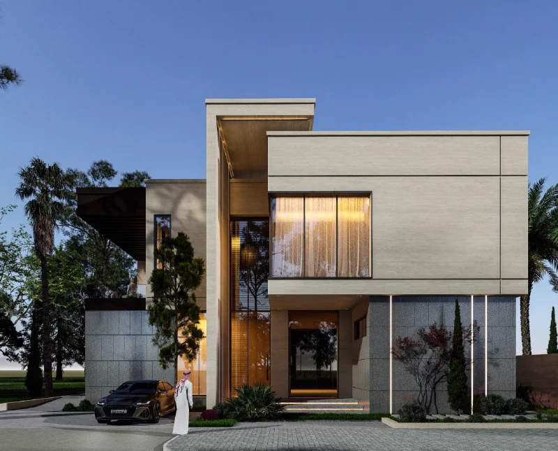 Side elevation of contemporary villa showing upper-level pergola balcony, slim vertical window openings, mix of grey stone and beige cladding, and a manicured lawn in the foreground.