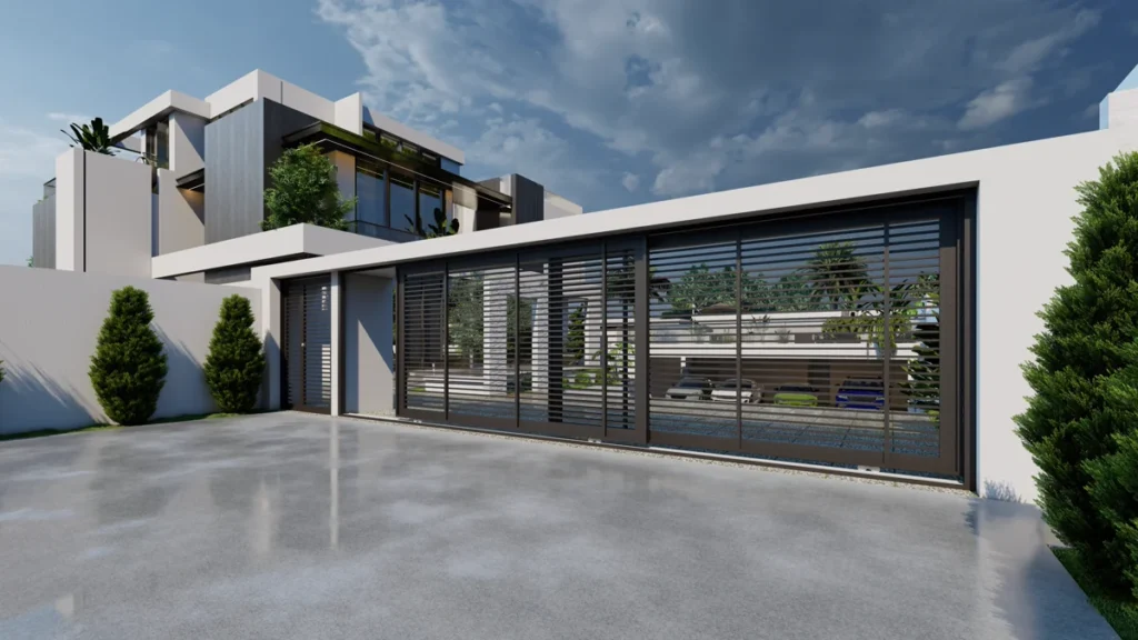 Modern villa street-side view with sleek horizontal gate and glimpses of landscaped courtyard and glass façade behind.