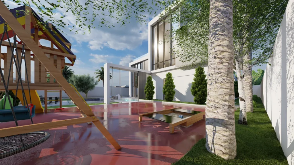 Children’s play area with colorful wooden playground, red soft surface, and view back toward the modern villa and pool.