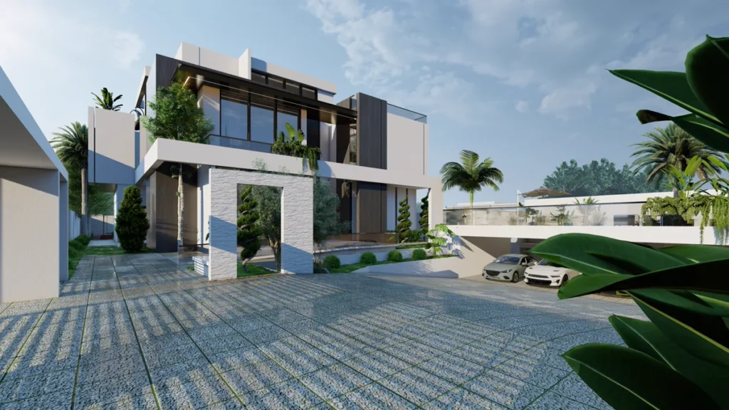 Sloped driveway and covered parking area leading to modern villa entrance with full-height glazing and greenery