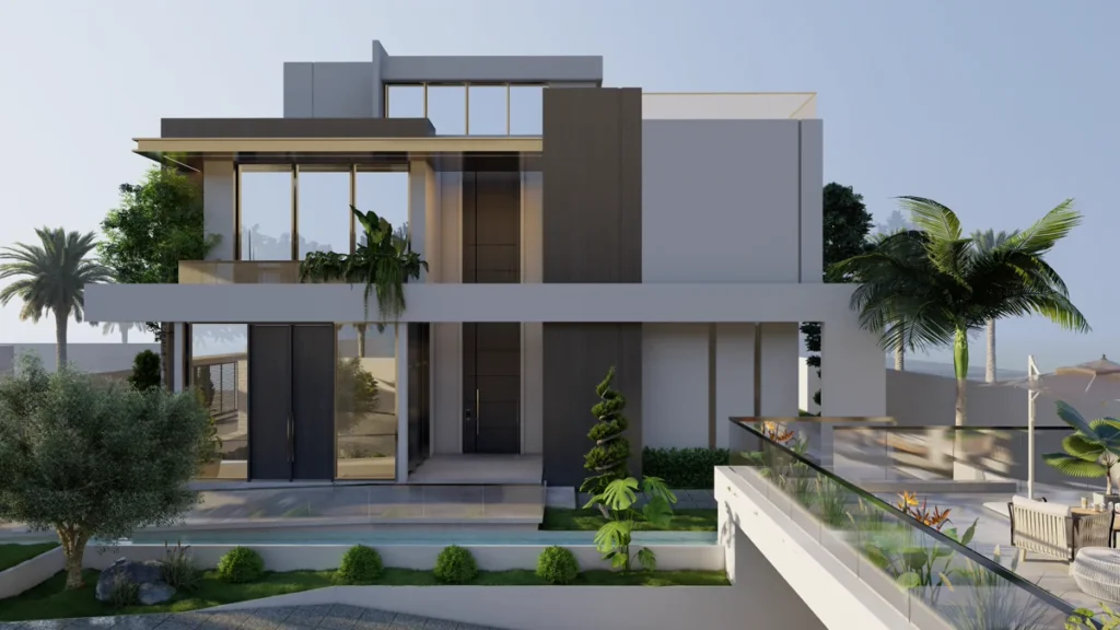 Frontal elevation of contemporary villa with tall entrance volume, balcony planting, and linear water feature.