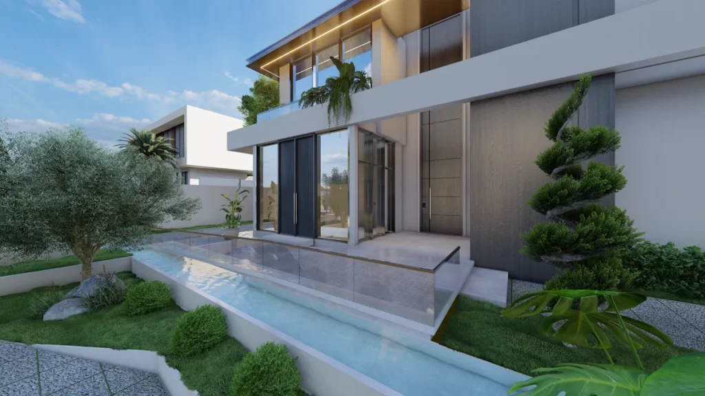 Side entrance with narrow water channel, glass railing, and sculpted greenery against modern façade.