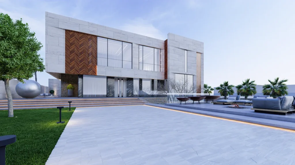 Front elevation of a modern stone villa with herringbone timber cladding, large glazed openings, and stepped terrace seating.