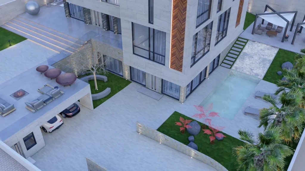 Aerial-like view of the property showing upper roof terrace lounge, cars parked below, and layered outdoor living areas.