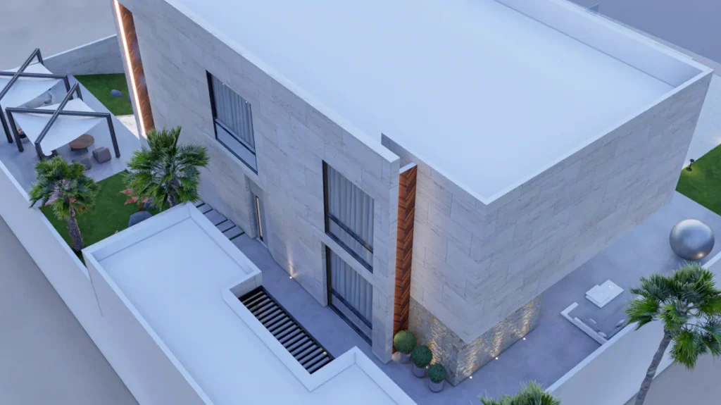 Aerial-like view of the property