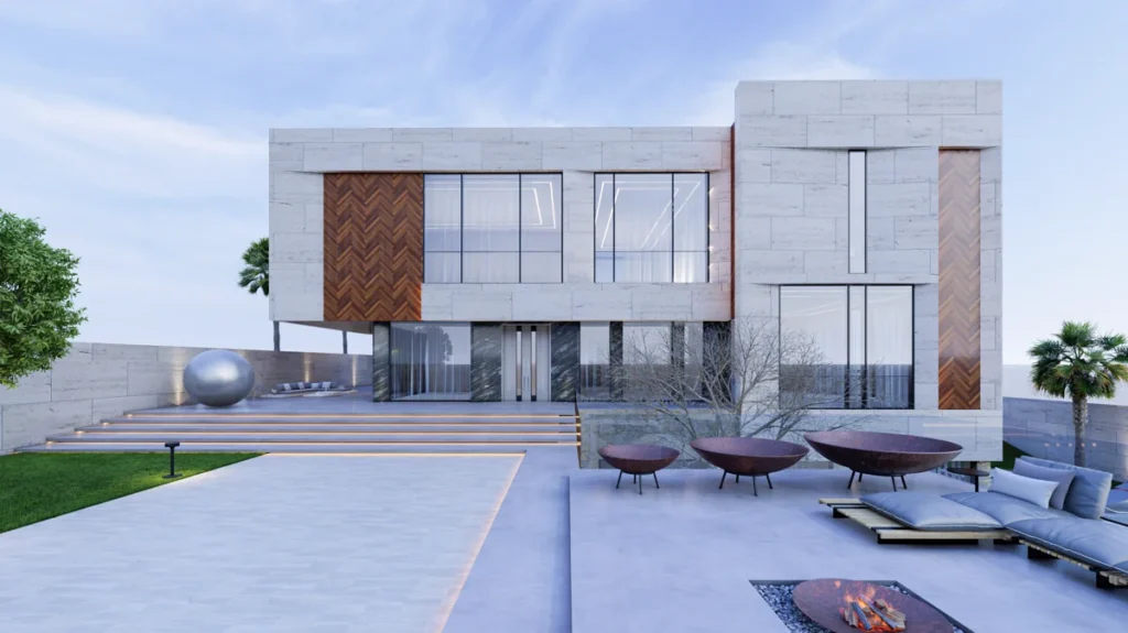 Symmetrical front view of a contemporary three-storey stone villa with warm wood inserts and landscape terraces.