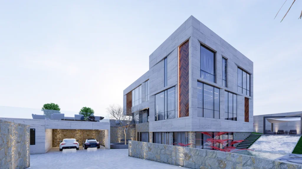 ngled perspective of the luxury villa showing stone base level, large corner glazing, and driveway leading to covered parking.