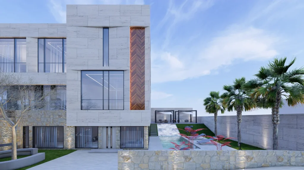 Side view of villa façade with tall vertical window, timber accent panel, palm trees, and pool terrace stepping down the site.