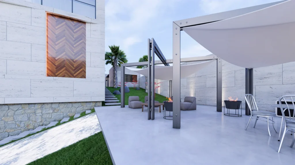 Outdoor lounge terrace with steel pergola frames, fabric shade canopies, fire pits, and seating beside the villa.