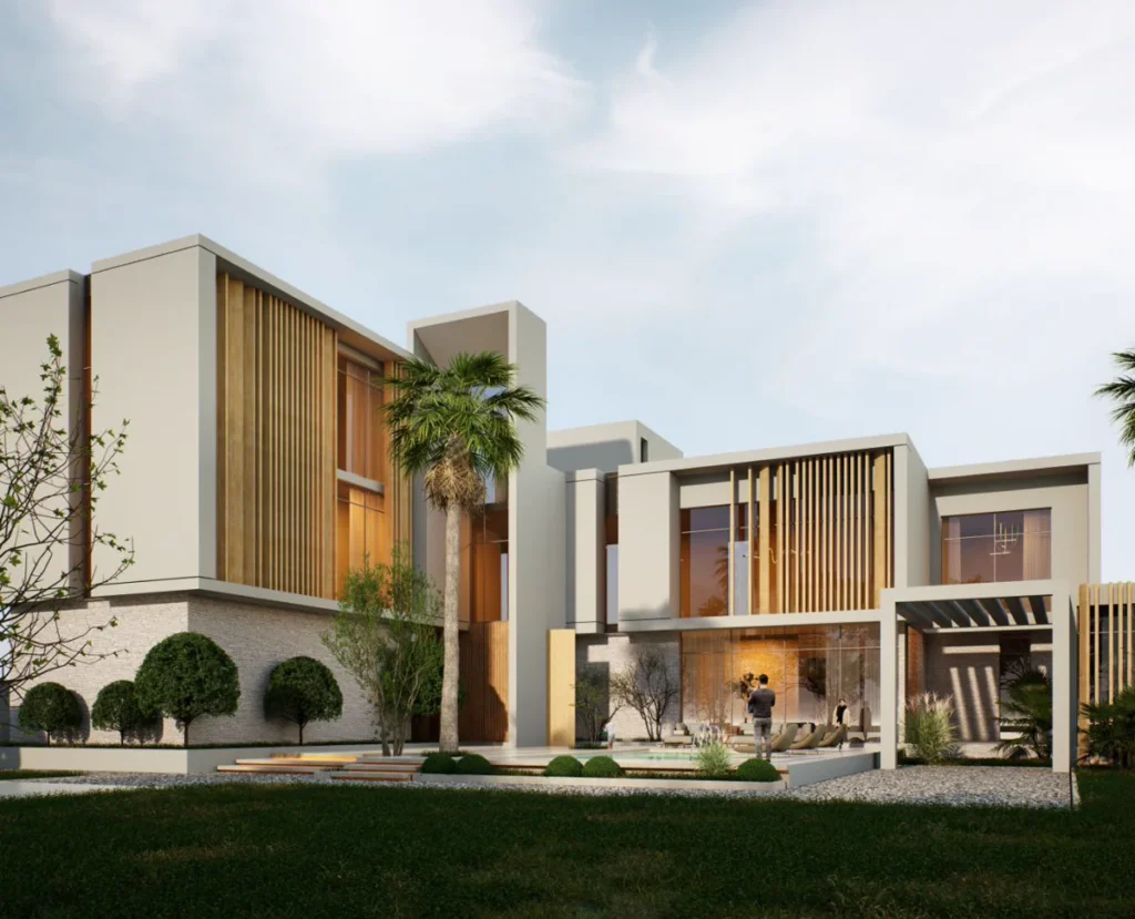 Contemporary courtyard façade with palm trees, vertical wooden fins, and large glass openings facing the garden.