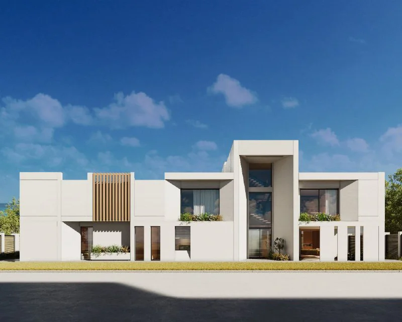 Front elevation of modern white villa with layered volumes, planters, and full-height central glazing.