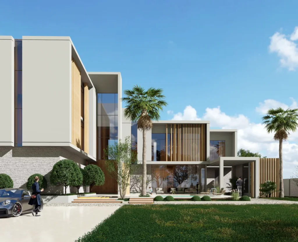 Daytime view of modern courtyard showing palm trees, pool, and vertical timber screens on the villa façade.