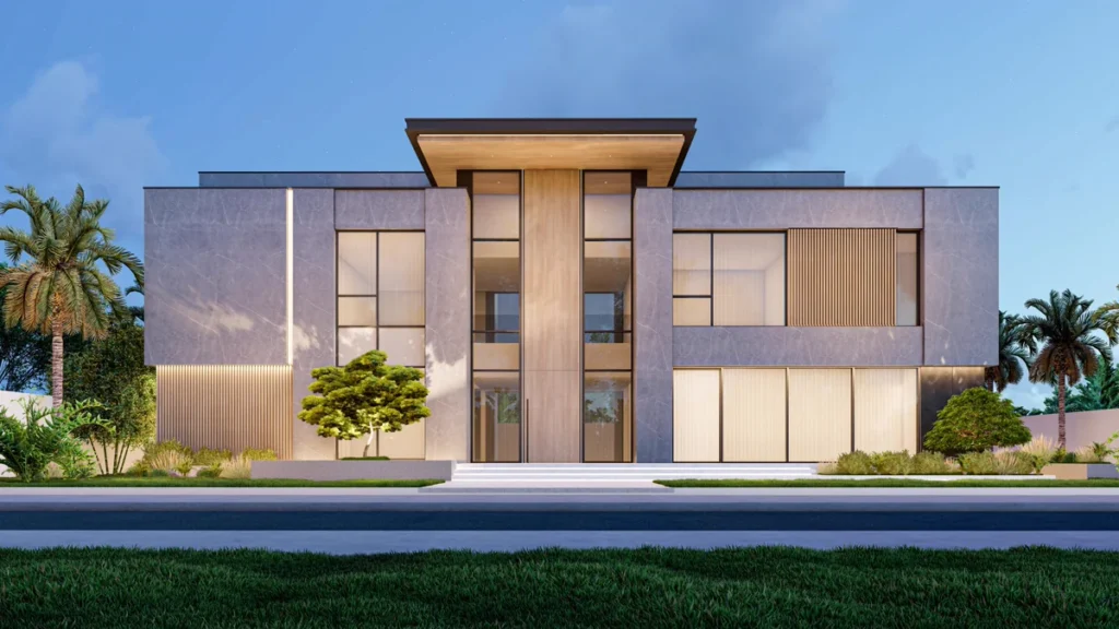 Contemporary luxury villa front elevation at dusk with stone and timber façade by Al Mujassam Architects