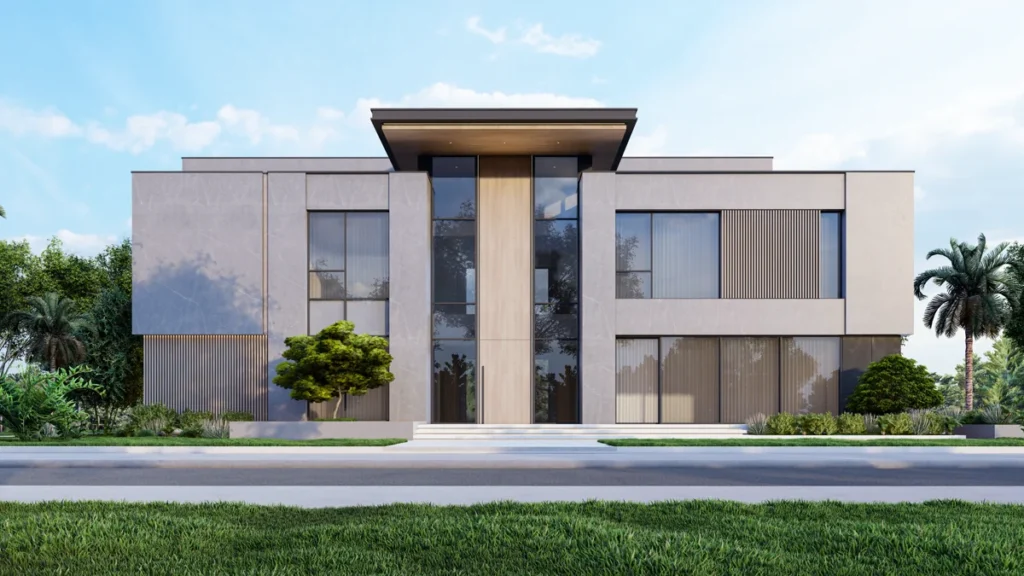 Daytime view of modern grey stone and wood front façade of private villa designed by Al Mujassam Architects