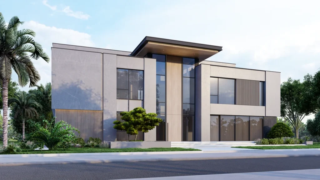 Angled street perspective of contemporary villa entrance with double-height timber portal and glazing