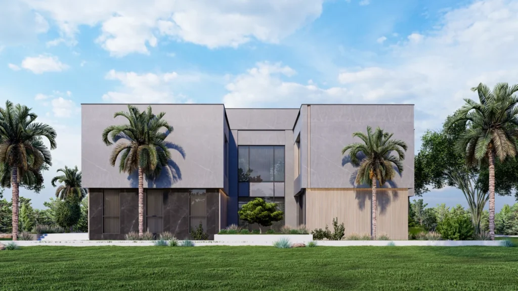 Rear elevation of modern villa with twin cubic volumes, large windows and palm landscaping