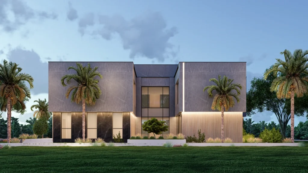 Night view of luxury villa rear façade with integrated linear lighting and palm trees