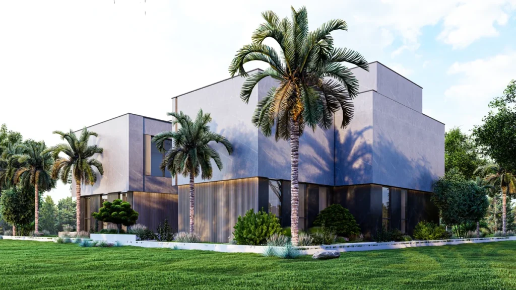 Corner perspective of contemporary stone-clad villa framed by palm trees and landscaped garden