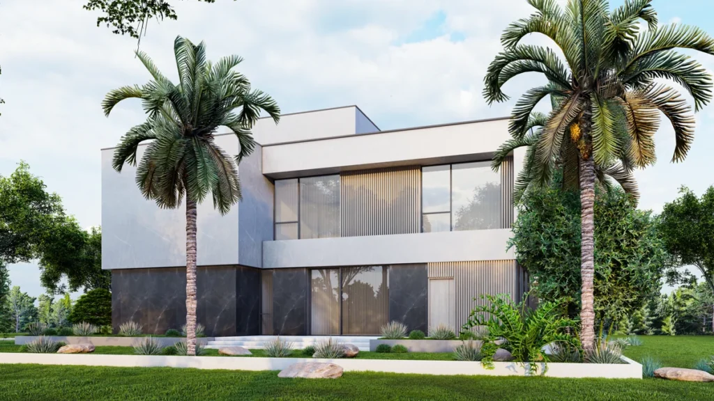 Modern minimalist villa façade with dark stone base, vertical fins and palm trees in front garden